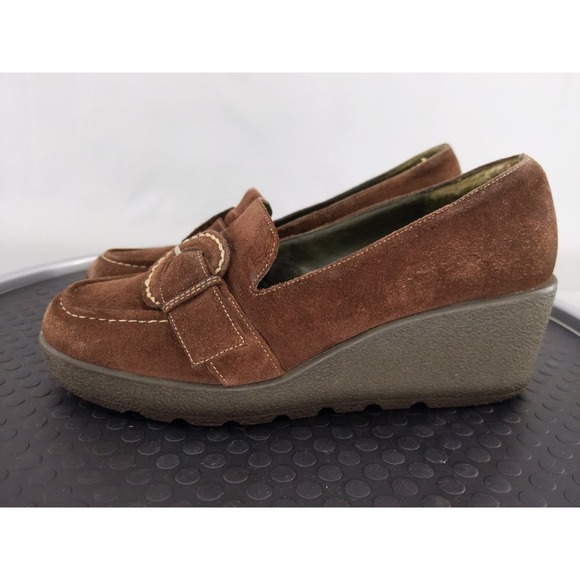 Aerosoles Wedge Loafers Womens 6.5 Brown Suede Buckle Platform Slip On Shoes - Picture 3 of 9